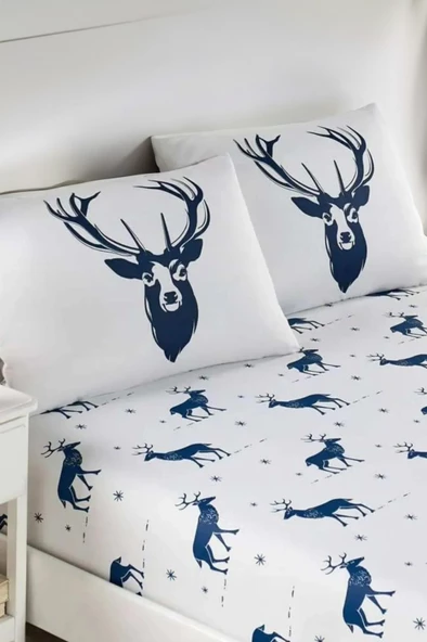 Upstyle Pes Lastikli Çarşaf Seti Çift Kişilik Geyik Lacivert - Resim 2