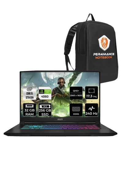 MSI Katana 17 i5 12450H 32GB 256GB SSD RTX4060/8GB 17.3" FHD 144HZ FDOS B12VFK-1031XTR & PER4 ÇANTA