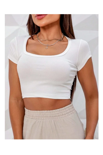 EDİ SHOP Kadın Kare Yaka Kaşkorse Kısa Kollu Bluz Crop