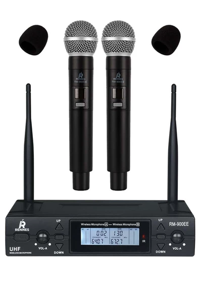 Rennes RM-900EE UHF 2x100 Kanal Çiftli Kablosuz EL Mikrofonu Çift Anten LCD Ekran