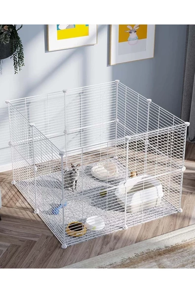 hodbehod 16 Panel Beyaz Renk Hayvan Oyun Kafesi Portatif Modüler Kedi Köpek Kuş Evi Kafesi - 4