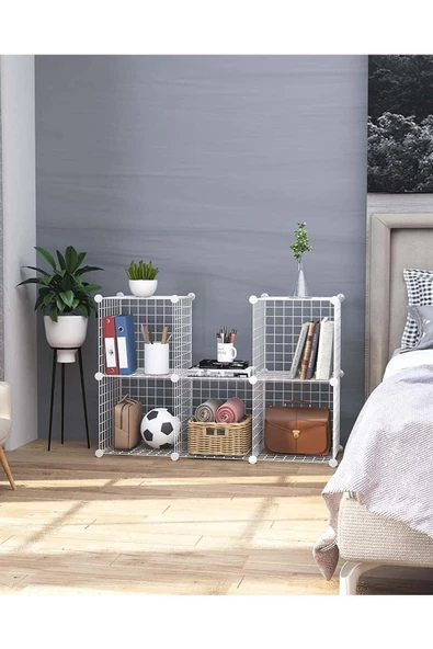 hodbehod 6 Bölmeli Beyaz Portatif Çok Amaçlı Metal Tel Dolap Raf Kitaplık Organizer - 4