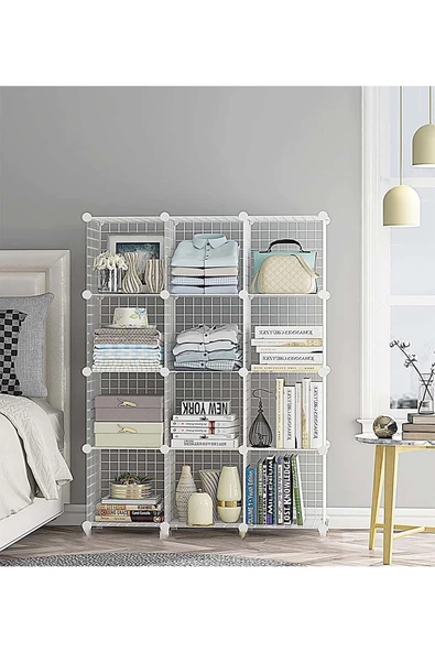 hodbehod 12 Bölmeli Beyaz Renk Metal Tel Portatif Organizer Oyuncak Dolabı Kitaplık Raf Elbise Dolabı - 5