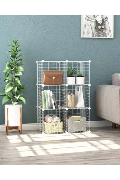 hodbehod 6 Bölmeli Beyaz Portatif Çok Amaçlı Metal Tel Dolap Raf Kitaplık Organizer