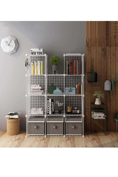 hodbehod 12 Bölmeli Beyaz Renk Metal Tel Portatif Organizer Oyuncak Dolabı Kitaplık Raf Elbise Dolabı - 4