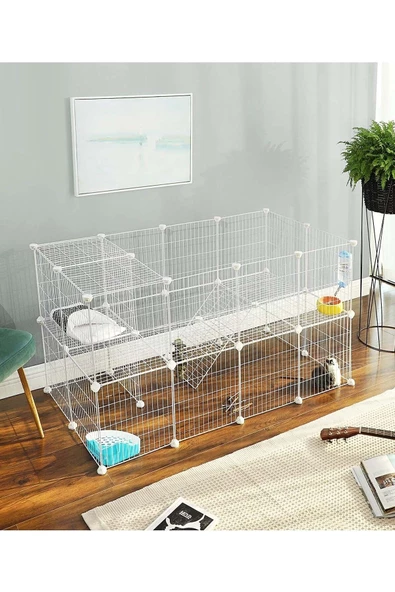 hodbehod 36 Panel Beyaz Renk Evcil Küçük Hayvan Kedi Köpek Kuş Evi Kafesi Oyun Parkı Portatif Metal Tel - 3