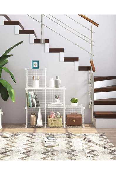 hodbehod 6 Bölmeli Beyaz Portatif Çok Amaçlı Metal Tel Dolap Raf Kitaplık Organizer - 2
