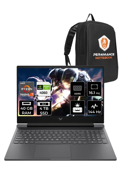 HP Victus 16 Ryzen 7 7840HS 40GB 4TB SSD RTX4060/8GB 144HZ 16.1 FHD FDOS 892P4EA & PER4 ÇANTA