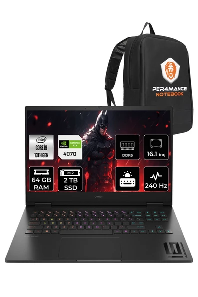 HP OMEN 16 i9-13900HX 64GB RAM 2TB SSD RTX4070/8GB 240HZ 16.1 QHD FDOS 7Q7W3EA & PER4 ÇANTA