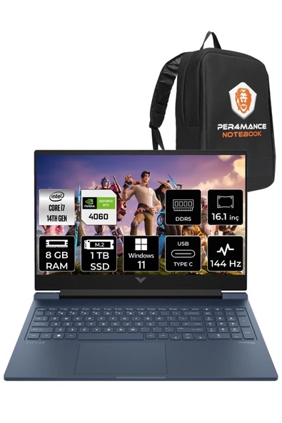 HP VİCTUS 16  i7-14700HX 8GB RAM 1TB SSD RTX4060/8GB 144Hz 16.1 FHD W11PRO 9J235EA & PER4 ÇANTA ürün görseli 1