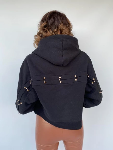 Kadın Gold Aksesuar Detaylı Kapüşonlu Sweat Siyah - 3