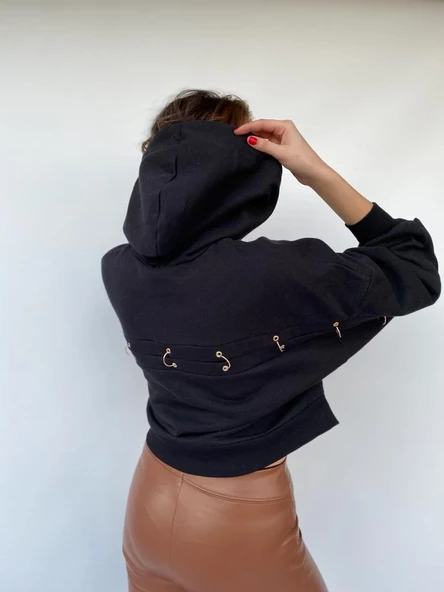 Kadın Gold Aksesuar Detaylı Kapüşonlu Sweat Siyah - 5