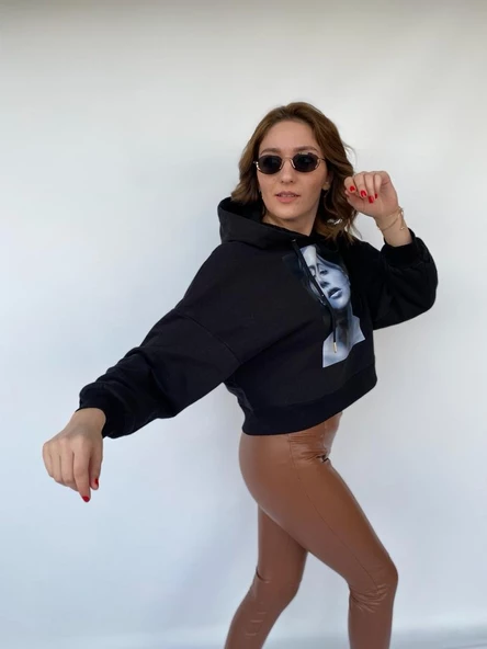 Kadın Gold Aksesuar Detaylı Kapüşonlu Sweat Siyah - 7