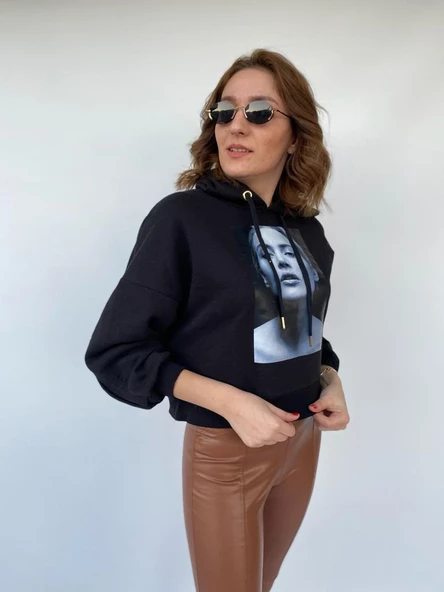 Kadın Gold Aksesuar Detaylı Kapüşonlu Sweat Siyah - 4