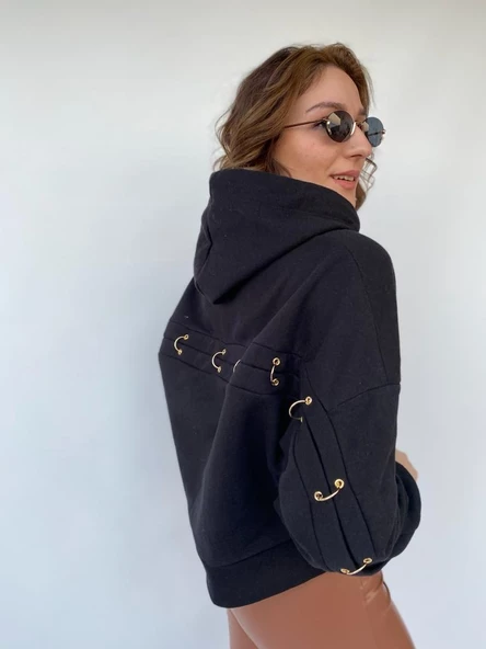 Kadın Gold Aksesuar Detaylı Kapüşonlu Sweat Siyah - 6