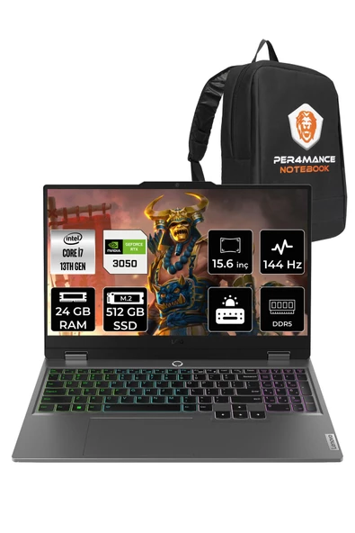 LENOVO LOQ  i7-13650HX 24GB 512GB SSD RTX3050/6GB 15.6" FHD 144Hz FDOS 83DV00G5TR & PER4 ÇANTA ürün görseli