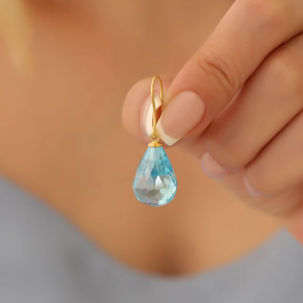 925 Ayar Gümüş Değerli ve Doğal Mavi Topaz Taşlı Küpe - ES00142 - Resim 3