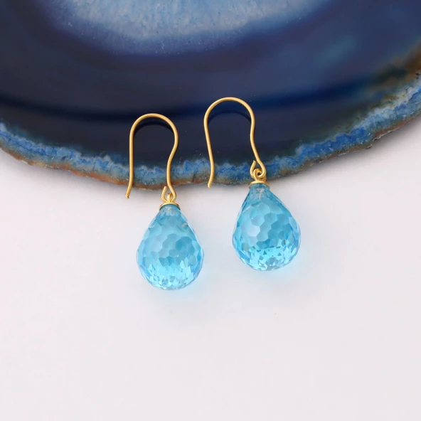 925 Ayar Gümüş Değerli ve Doğal Mavi Topaz Taşlı Küpe - ES00142 - Resim 2