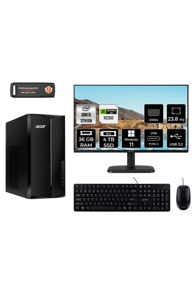 ACER ASPİRE TC1760 AE04S585 i3 12100 36GB RAM 4TB SSD GT1030 4GB 23.8" W11P MASAÜSTÜ BİLGİSAYAR