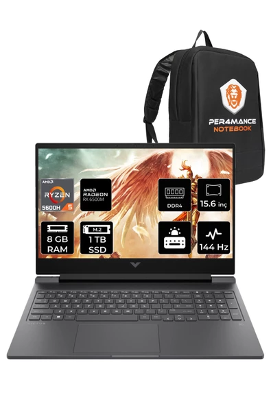 HP Victus 15 R5 5600H 8GB RAM 1TB SSD RX6500M 144Hz 15.6'' FHD FDOS A42ZMEA & PER4 ÇANTA