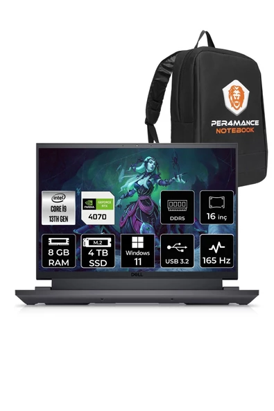 Dell G16 7630 i9 13900HX 8GB 4TB SSD RTX4070/8GB 165HZ 16'' QHD+ W11H G76302401022U & PER4 ÇANTA