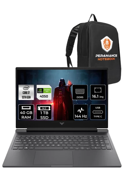 HP Victus 16 i7-13700H 40GB 1TB SSD RTX4050/6GB 144HZ 16.1" FHD FDOS 8W8A5EA & PER4 ÇANTA