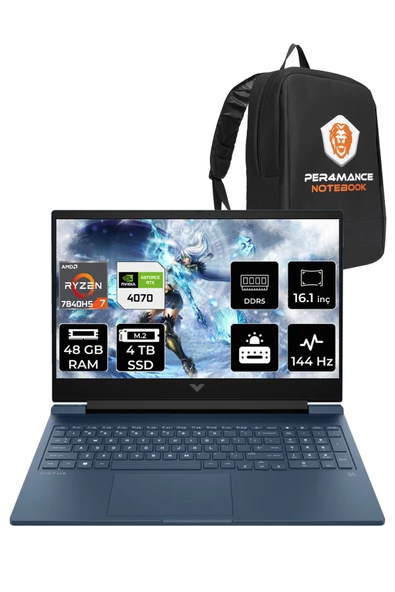 HP Victus 16 Ryzen 7 7840HS 48GB 4TB SSD RTX4070/8GB 144HZ 16.1" FHD FDOS 8W8A7EA & PER4 ÇANTA