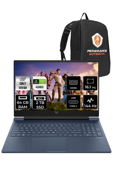 HP VİCTUS 16  i7-14700HX 64GB RAM 2TB SSD RTX4060/8GB 144Hz 16.1 FHD FDOS 9J235EA & PER4 ÇANTA