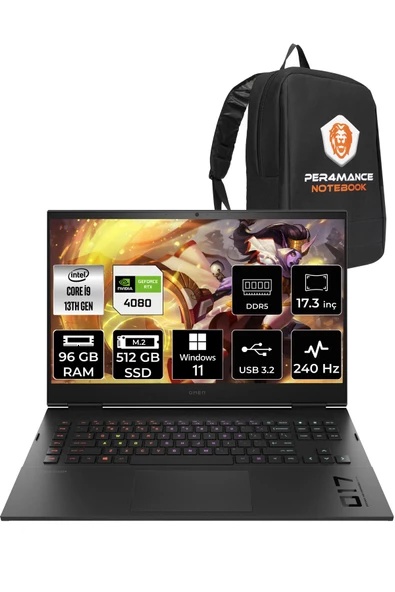 HP OMEN 17 i9 13900HX 96GB 512GB SSD RTX4080/12GB 240HZ 17.3'' FHD W11PRO 892R0EA & PER4 ÇANTA