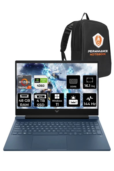 HP Victus 16 Ryzen 7 7840HS 48GB 4TB SSD RTX4060/8GB 144HZ 16.1" FHD W11H 7Z586EA & PER4 ÇANTA