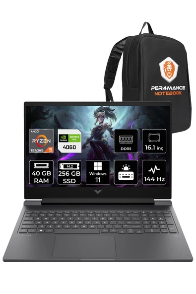 HP Victus 16 RYZEN 5 7640HS 40GB 256GB SSD RTX4060/8GB 144HZ 16.1" FHD W11P 7Z4M8EA & PER4 ÇANTA