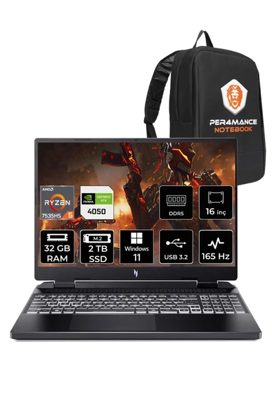 ACER Nitro 16 R5 7535HS 32GB 2TB SSD RTX4050/6GB 165HZ 16'' WUXGA W11H NH.QKBEY.003 & PER4 ÇANTA