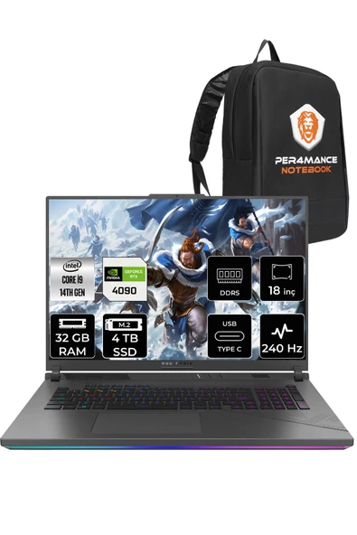 ASUS ROG Strix G18 i9-14900HX 32GB 4TB SSD RTX4090/16GB 240Hz 18" WQXGA FDOS N6100 & PER4 ÇANTA