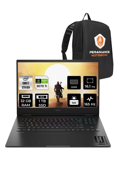 HP OMEN 16 i7-12700H 32GB RAM 1TB SSD RTX3070Ti/8GB 165HZ 16.1 QHD FDOS 7H8Z5EA & PER4 ÇANTA