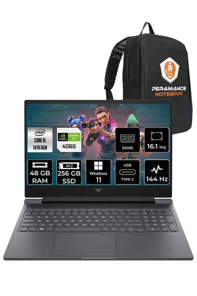 HP VİCTUS 16  i5-14500HX 48GB RAM 256GB SSD RTX4060/8GB 144Hz 16.1 FHD W11PRO 9J238EA & PER4 ÇANTA