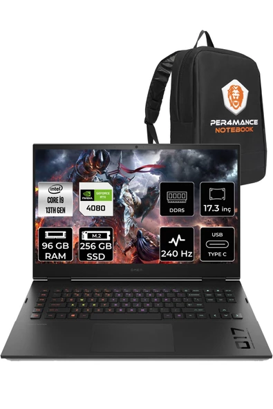 HP OMEN 17 i9 13900HX 96GB RAM 256GB SSD RTX4080/12GB 17.3" 240HZ QHD FDOS 892R1EA & PER4 ÇANTA