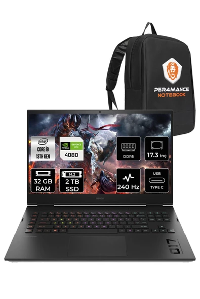 HP OMEN 17 i9 13900HX 32GB RAM 2TB SSD RTX4080/12GB 17.3" 240HZ QHD FDOS 892R1EA & PER4 ÇANTA