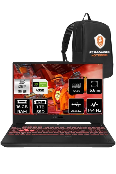 ASUS Tuf Gaming F15 i7 13620H 16GB RAM 1TB SSD RTX4050/6GB 144Hz 15.6" FHD FDOS LP259 & PER4 ÇANTA