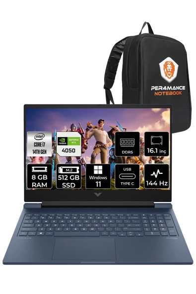 HP VİCTUS 16  i7-14700HX 8GB RAM 512GB SSD RTX4050/6GB 144Hz 16.1 FHD W11PRO 9J253EA & PER4 ÇANTA