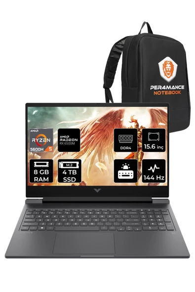 HP Victus 15 R5 5600H 8GB RAM 4TB SSD RX6500M 144Hz 15.6'' FHD FDOS A42ZMEA & PER4 ÇANTA