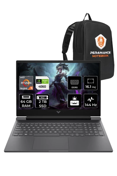 HP Victus 16 RYZEN 5 7640HS 64GB 2TB SSD RTX4060/8GB 144HZ 16.1" FHD FDOS 7Z4M8EA & PER4 ÇANTA ürün görseli 1