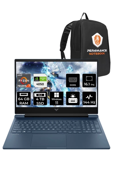 HP Victus 16 R7 7840HS 64GB 4TB SSD RTX4050/6GB 144HZ 16.1" FHD W11H 7Z588EA & PER4 ÇANTA
