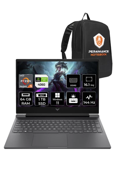 HP Victus 16 RYZEN 5 7640HS 64GB 1TB SSD RTX4060/8GB 144HZ 16.1" FHD W11H 7Z4M8EA & PER4 ÇANTA ürün görseli 1