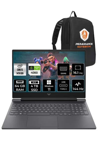 HP VİCTUS 16  i5-14500HX 64GB RAM 4TB SSD RTX4060/8GB 144Hz 16.1 FHD W11PRO 9J238EA & PER4 ÇANTA