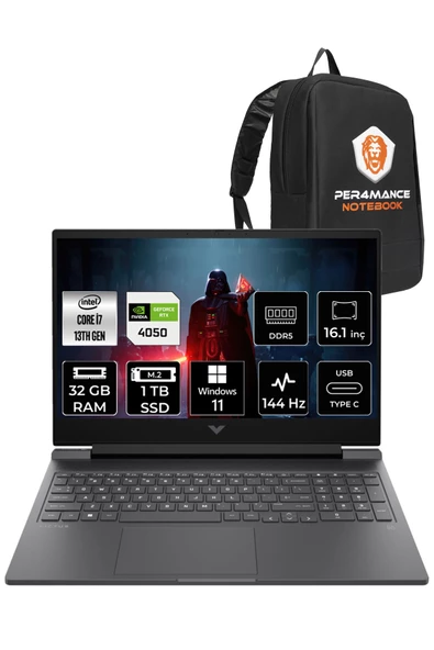 HP Victus 16 i7-13700H 32GB 1TB SSD RTX4050/6GB 144HZ 16.1" FHD W11H 8W8A5EA & PER4 ÇANTA
