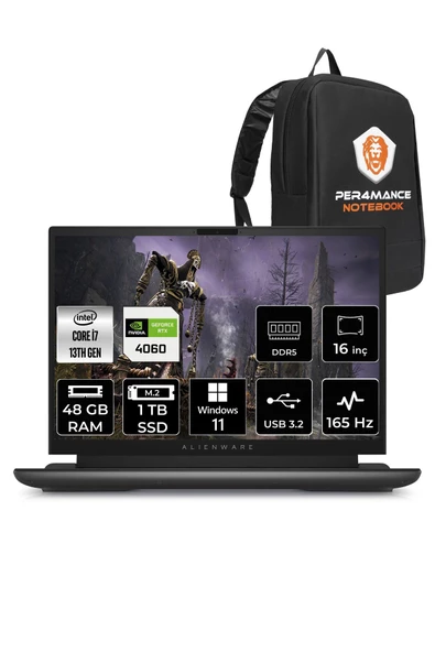 Dell Alienware M16 i7-13700HX 48GB RAM 1TB SSD RTX4060/8GB 165HZ 16 QHD+ W11HOME & PER4 ÇANTA