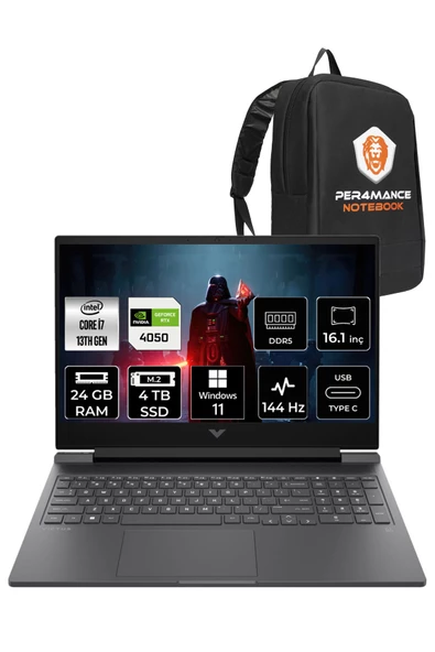 HP Victus 16 i7-13700H 24GB 4TB SSD RTX4050/6GB 144HZ 16.1" FHD W11P 8W8A5EA & PER4 ÇANTA