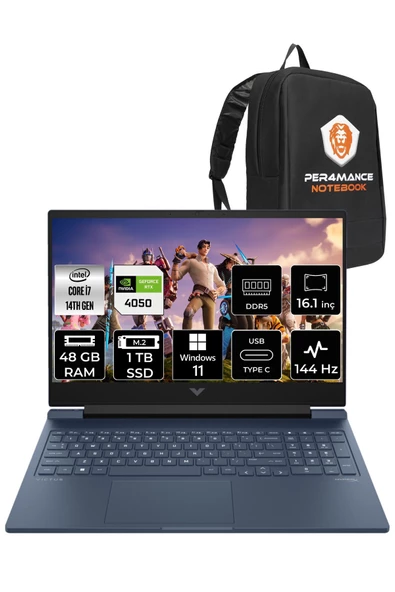 HP VİCTUS 16  i7-14700HX 48GB RAM 1TB SSD RTX4050/6GB 144Hz 16.1 FHD W11PRO 9J253EA & PER4 ÇANTA