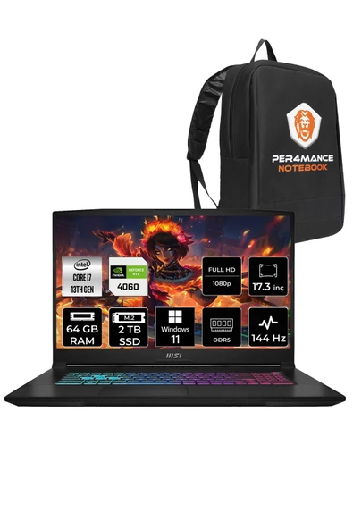 MSI Katana 17 i7 13620H 64GB 2TB SSD RTX4060/8GB 17.3" FHD 144HZ W11H B13VFK-1037XTR & PER4 ÇANTA