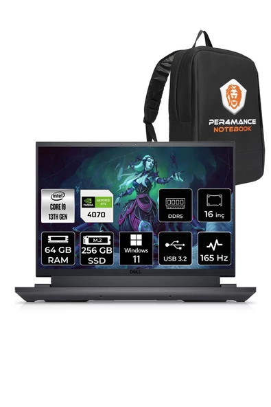 Dell G16 7630 i9 13900HX 64GB 256GB SSD RTX4070/8GB 240Hz 16" QHD+ W11P G76302401024 & PER4 ÇANTA